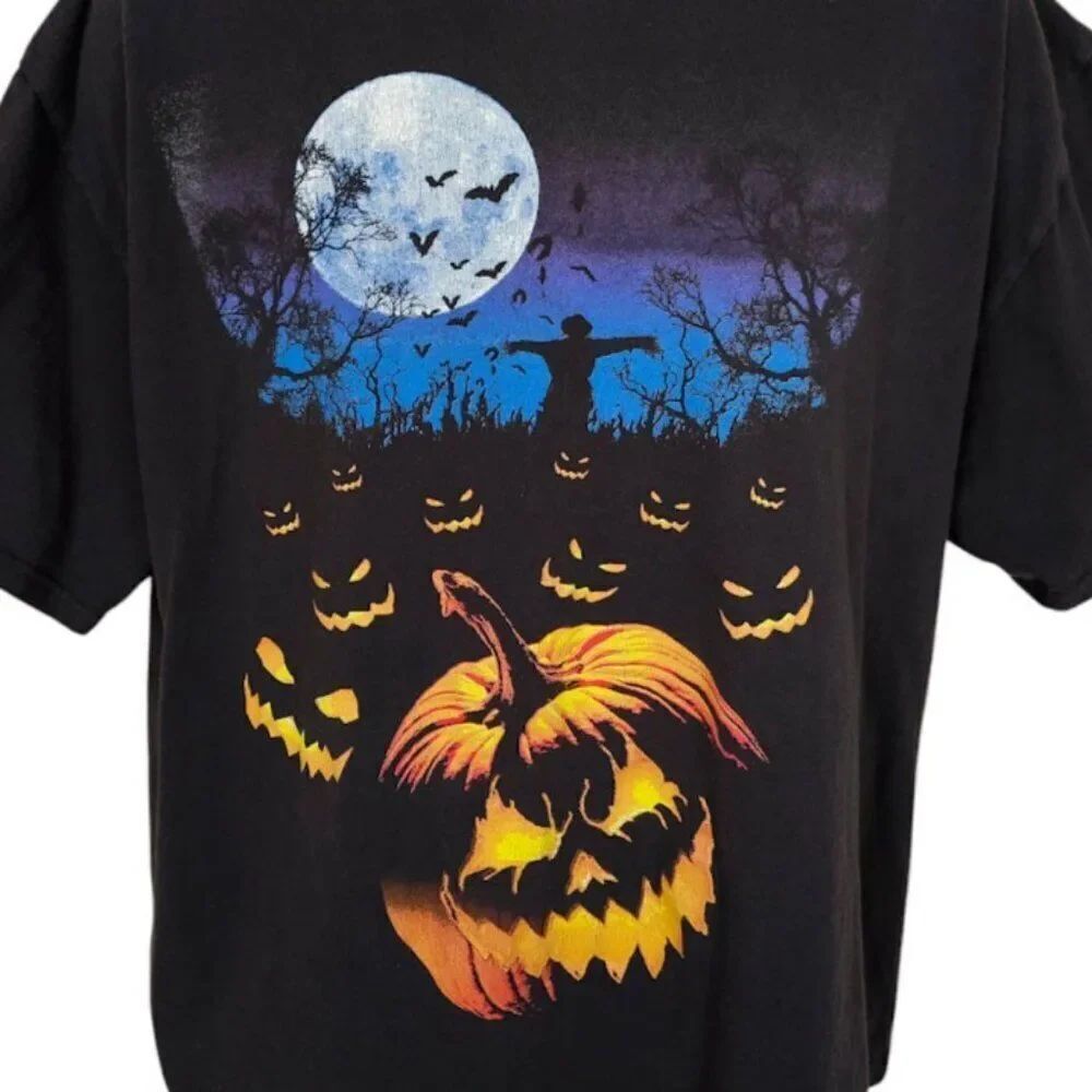 Halloween T Shirt Mens Size XL Black Scarecrow Jack O Lanterns Pumpkins Bats